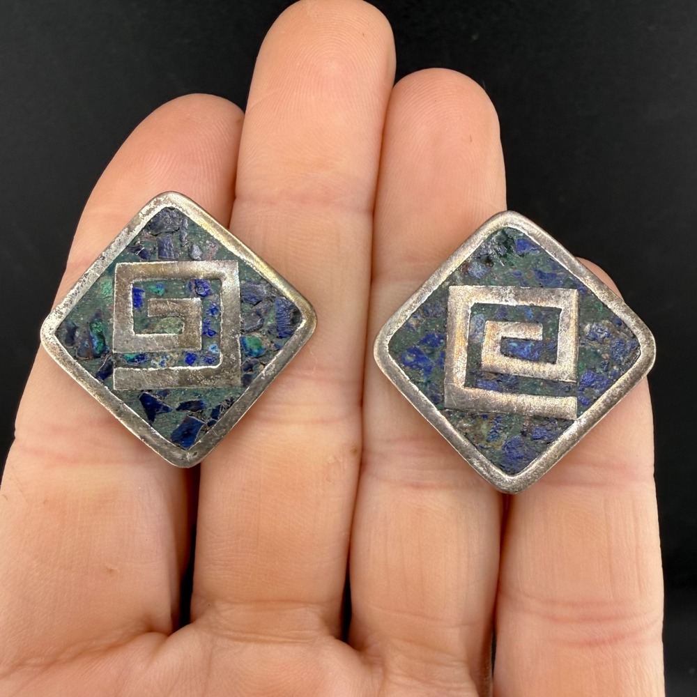 Vintage Mexican Sterling Earrings Silver Greek Key Mosaic Blue Green 11.1g